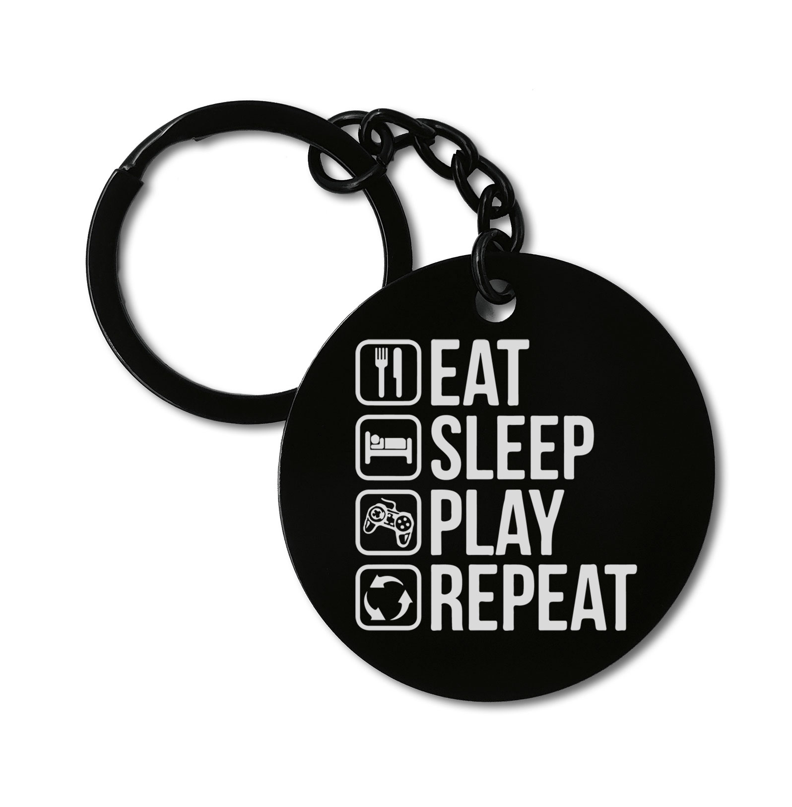 0368 Eat Sleep Play Game Repeat Graviruotas metalinis pakabukas su pasirenkamu užkabinimu