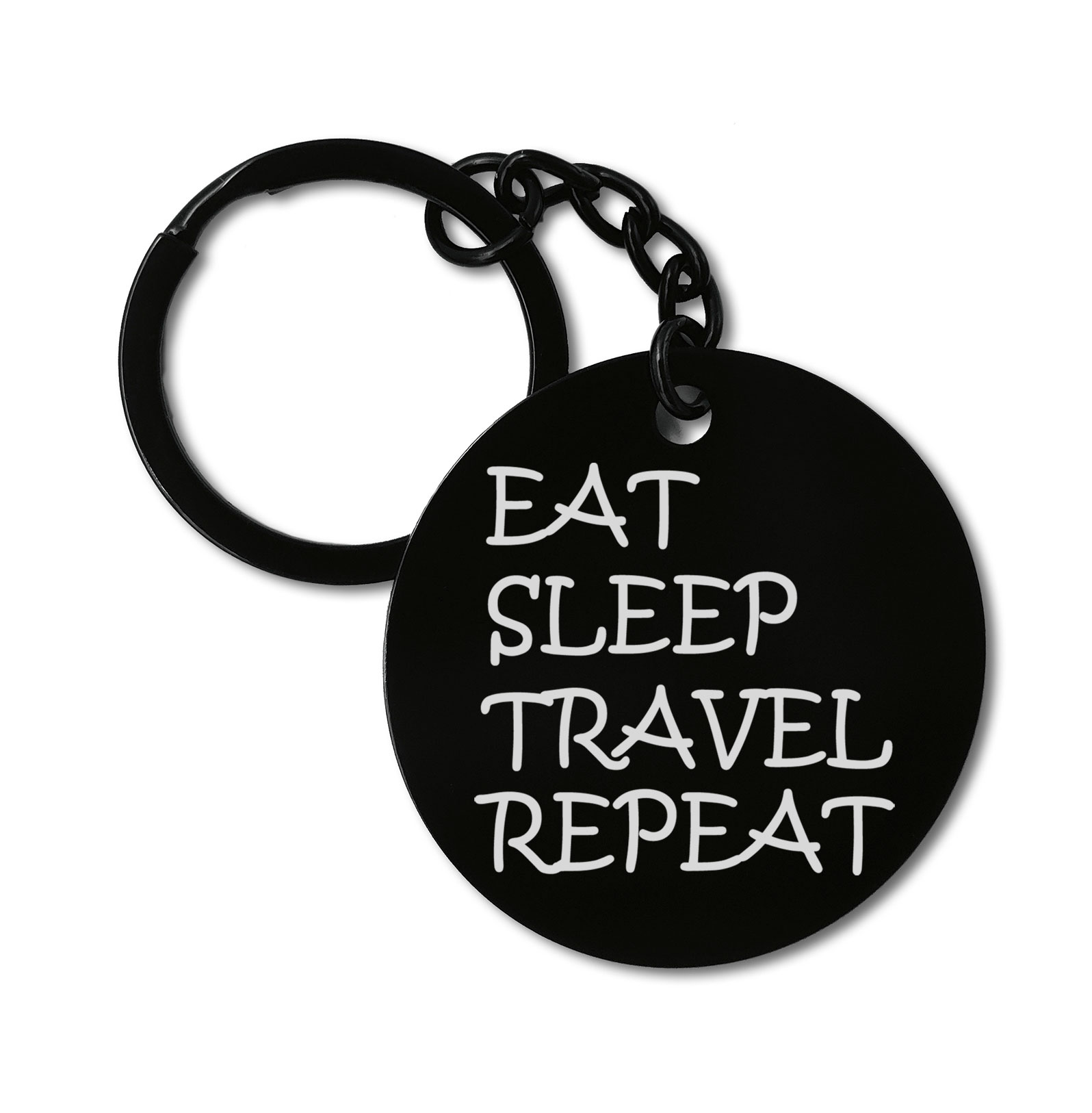 Eat Sleep Travel Repeat Graviruotas metalinis pakabukas su pasirenkamu užkabinimu