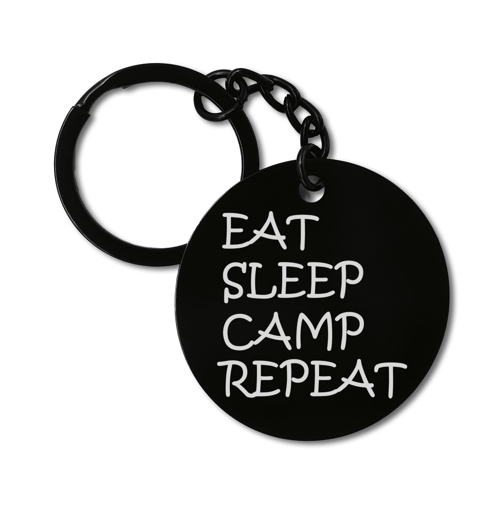 Eat Sleep Camp Repeat Outdoor Graviruotas metalinis pakabukas su pasirenkamu užkabinimu
