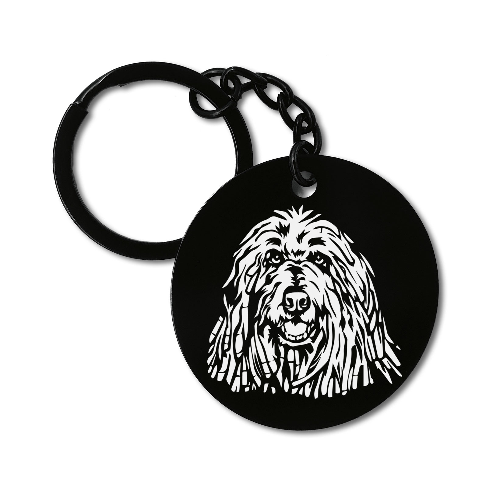 Komondor Dog Breed Graviruotas metalinis pakabukas su pasirenkamu užkabinimu