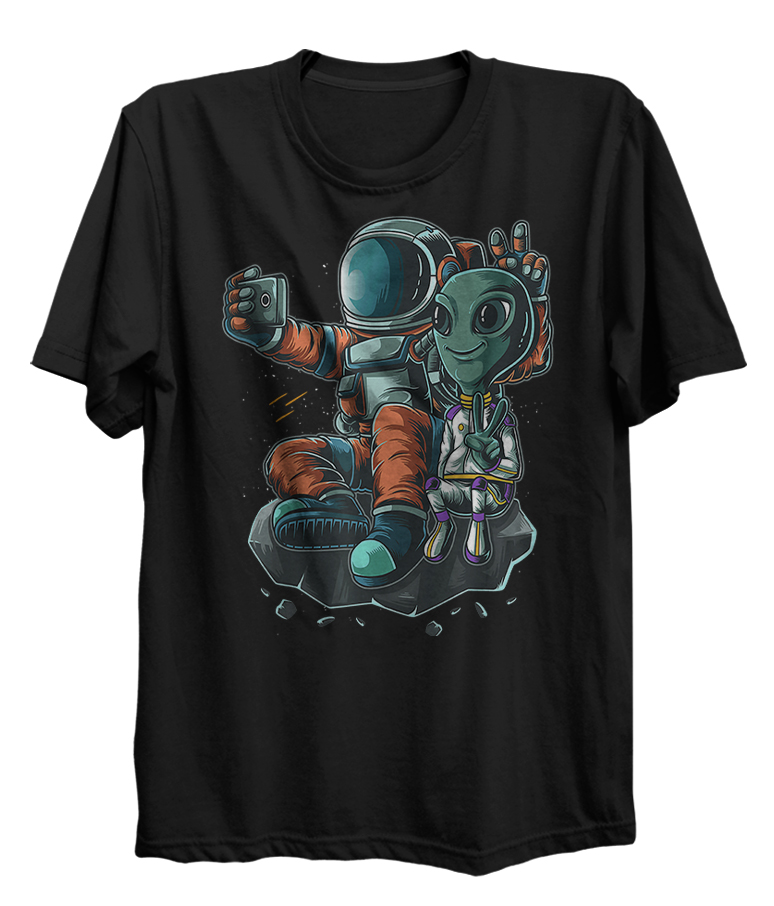 Astronaut Taking Selfie with Alien Funny Space Illustration