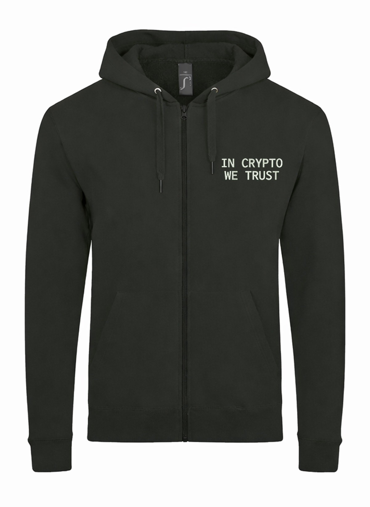 In Crypto We Trust Bitcoin BTC Unisex džemperis su užtrauktuku ir gobtuvu